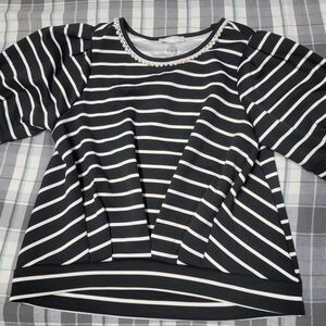 Cupio Black and White Striped Blouse with Pearl Accents
